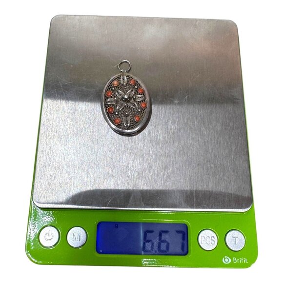 Antique Filigree Sterling Silver & Coral Tibetan Prayer Box Locket Pendant 6.67g - Picture 5 of 5